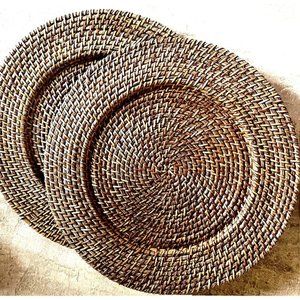 Brown Woven Wicker Round Circular Charger Plate 13" Wall Hanging Basket Set / 2